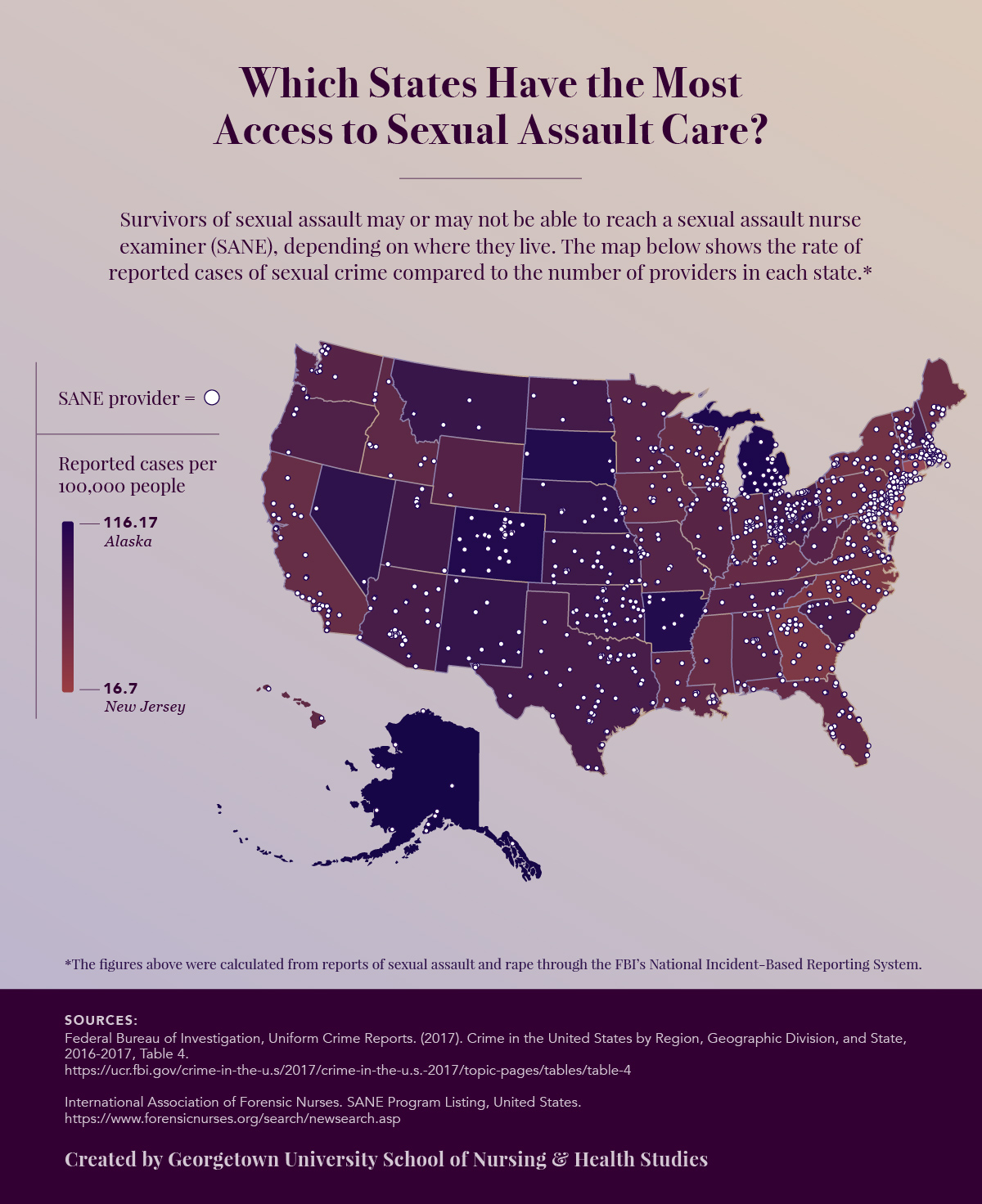 Map of the United States showing rates of sexual crime reports per 100,000 people and location of SANE providers.