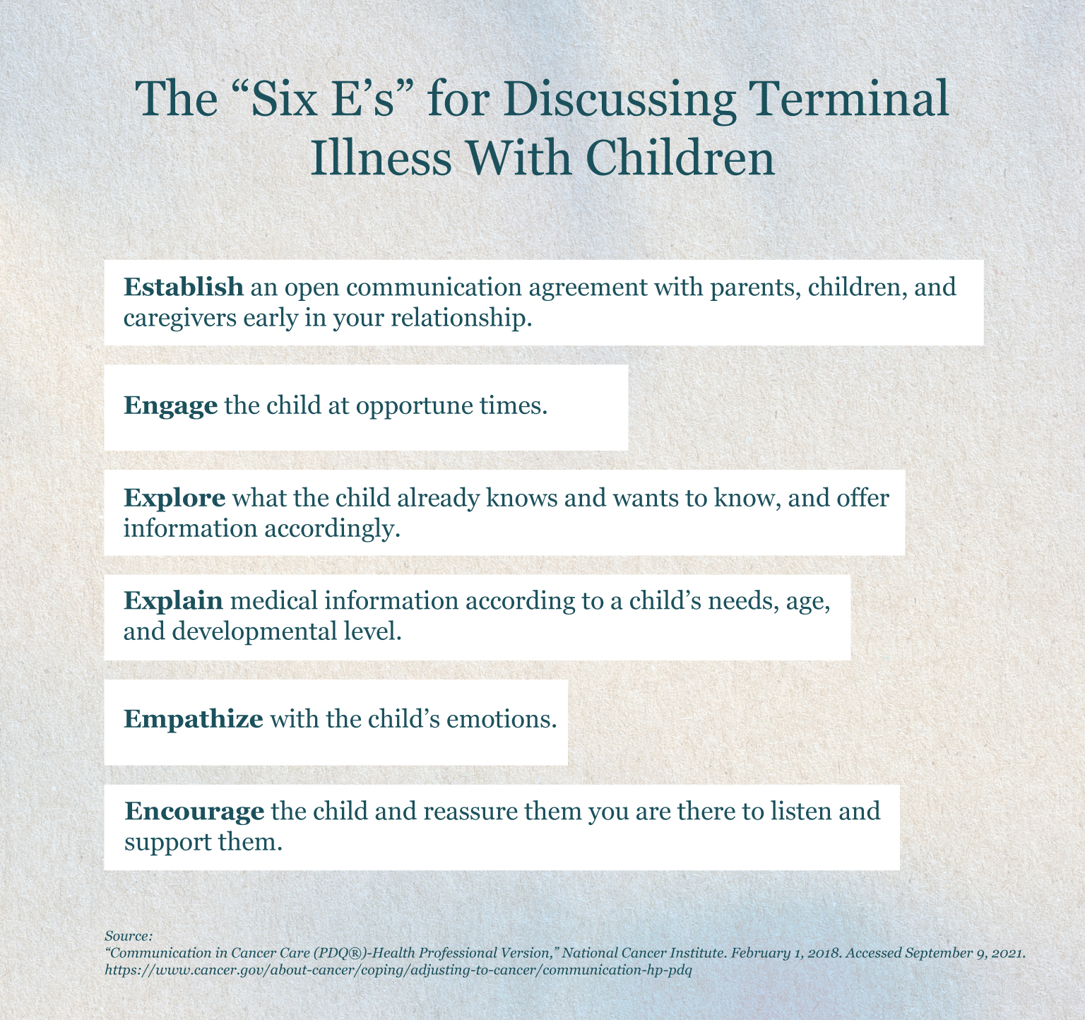 The “Six E’s” are guidelines for pediatric health care providers to engage with young patients with terminal illnesses and their families.